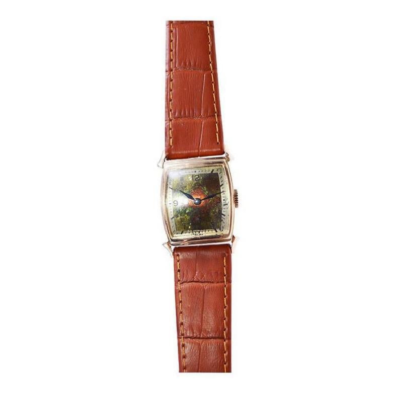 Rima Goldgefüllte Art-Déco-Armbanduhr mit prächtigem patiniertem Zifferblatt, ca. 1940er Jahre im Angebot 2