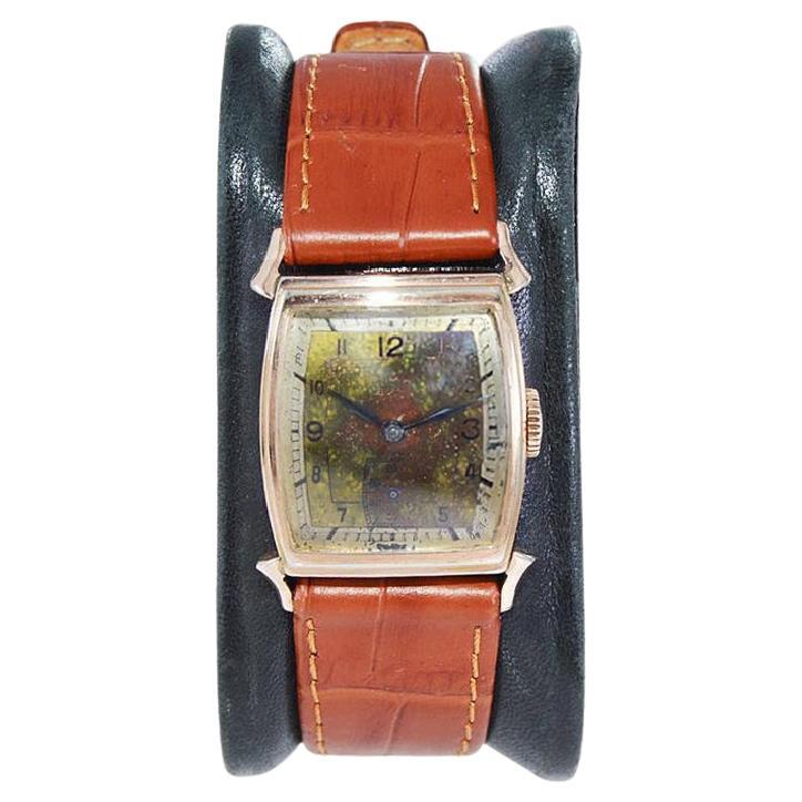 Rima Goldgefüllte Art-Déco-Armbanduhr mit prächtigem patiniertem Zifferblatt, ca. 1940er Jahre im Angebot