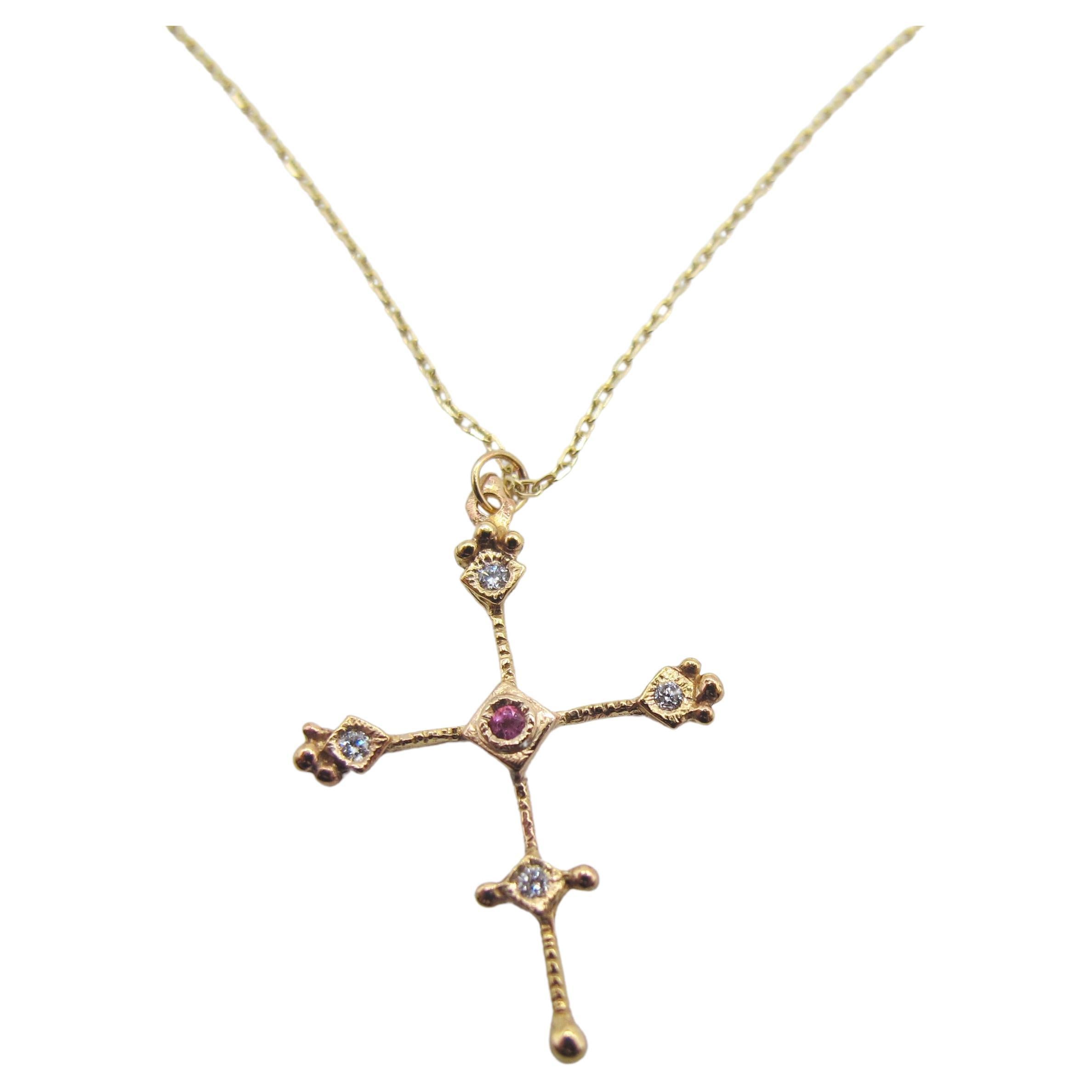 RIMA Jewels 18k Rose Gold Cross Necklace Set with Pink Tourmaline/Diamonds For Sale