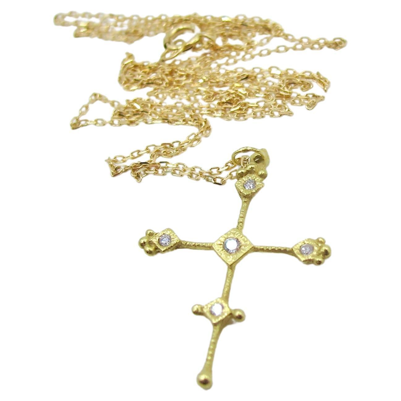 RIMA Jewels Baby Byzantine Ojo De Dios 18k Gold and Diamond Cross Necklace For Sale