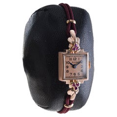 Rima Ladies 14Kt Solid Rose Gold Art Deco Ladies Watch with Ruby Accents 1940's