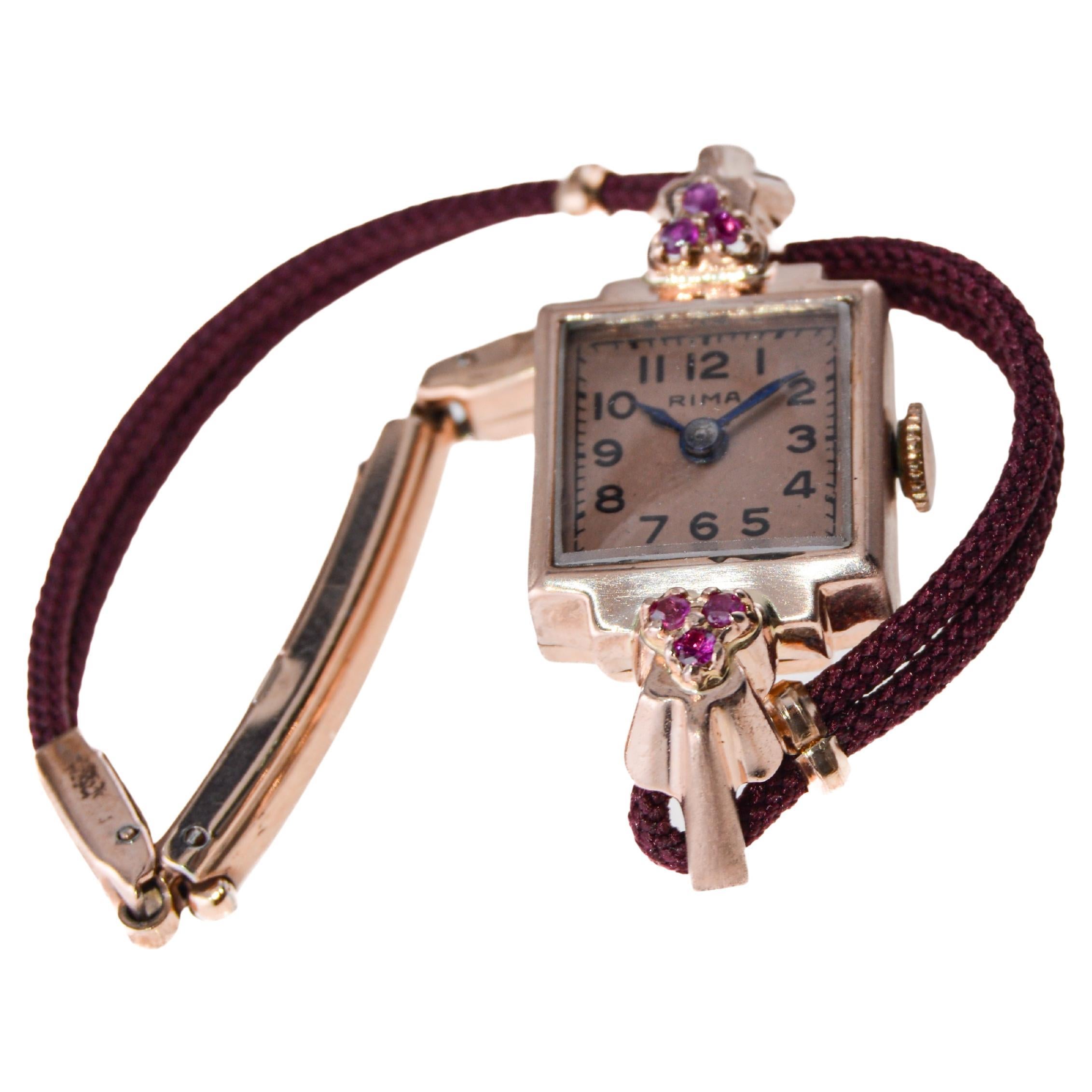 Women's Rima Ladies 14Kt Solid Rose Gold Art Deco Ladies Watch with Ruby Accents 1940's For Sale