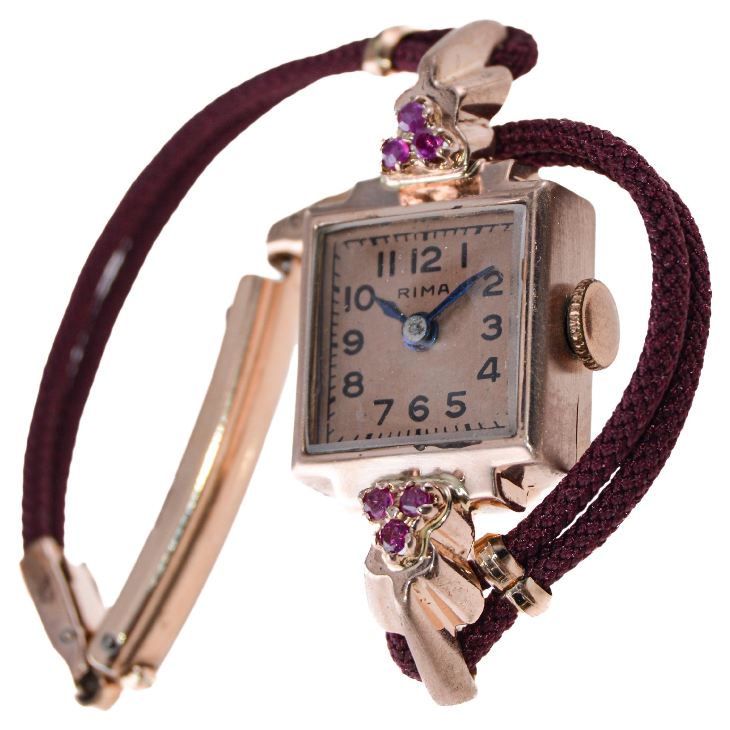 Rima Ladies 14Kt Solid Rose Gold Art Deco Ladies Watch with Ruby Accents 1940's For Sale 1