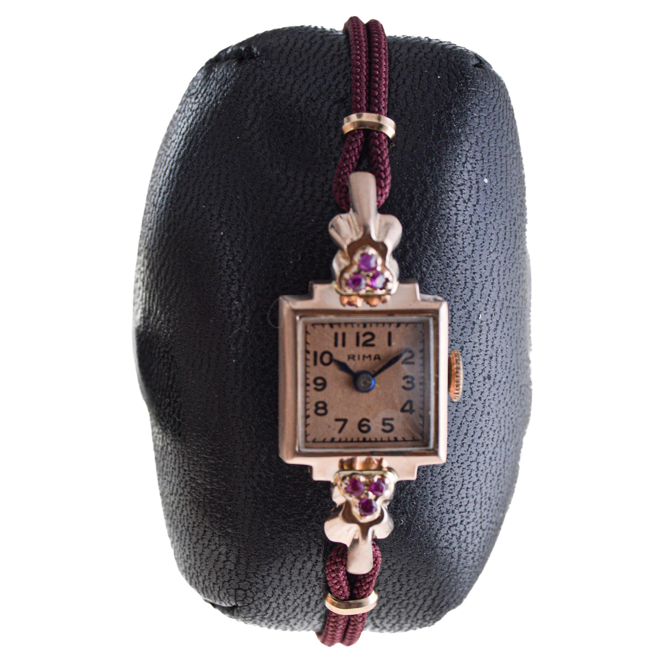 Rima Ladies 14Kt Solid Rose Gold Art Deco Ladies Watch with Ruby Accents 1940's For Sale