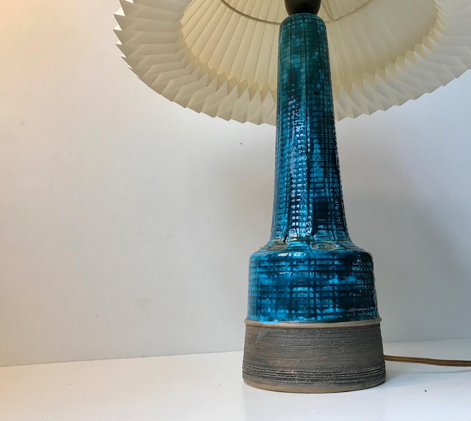 A tall gourd shaped ceramic table lamp with relief/ribbings and applied turquoise glaze, Rimini blue. It was designed by Aldo Londi and manufactured by Bitossi in Italy during the 1960s. It is signed/marked to the base indistinguishable. The light