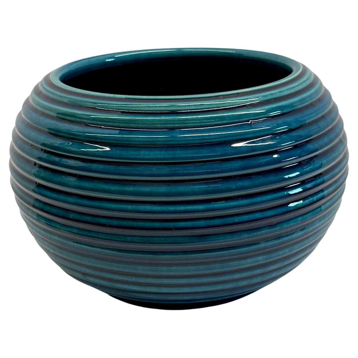 Rimini Blue Color Horizontal Rib Vase, France, Mid Century