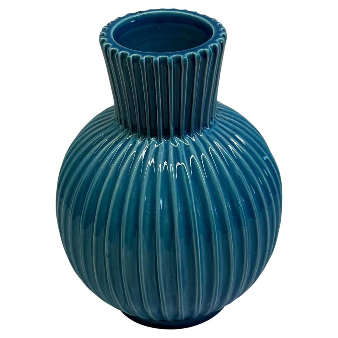 Rimini Blue Color Vertical Rib Vase, France, Mid Century