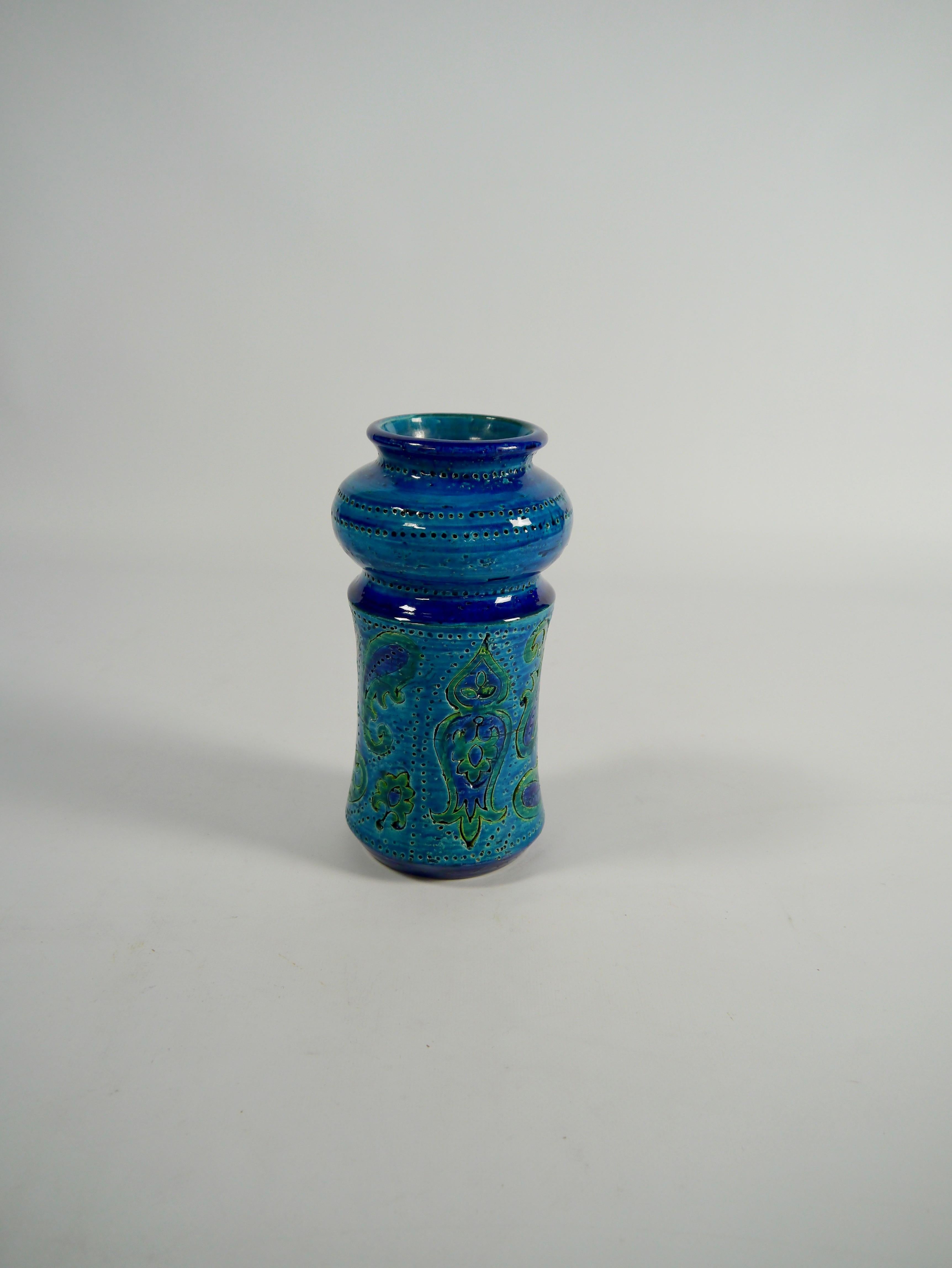 Rimini blue glazed ceramic vase, designed by Aldo Londi and fabricated by Bitossi, Italy 1960s.