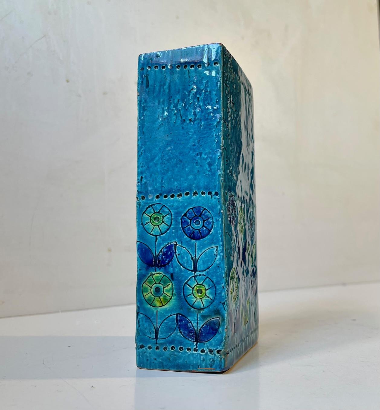 Glazed Rimini-Blue Italian Stoneware Vase with Sunflowers by Aldo Londi, Bitossi, 60s For Sale