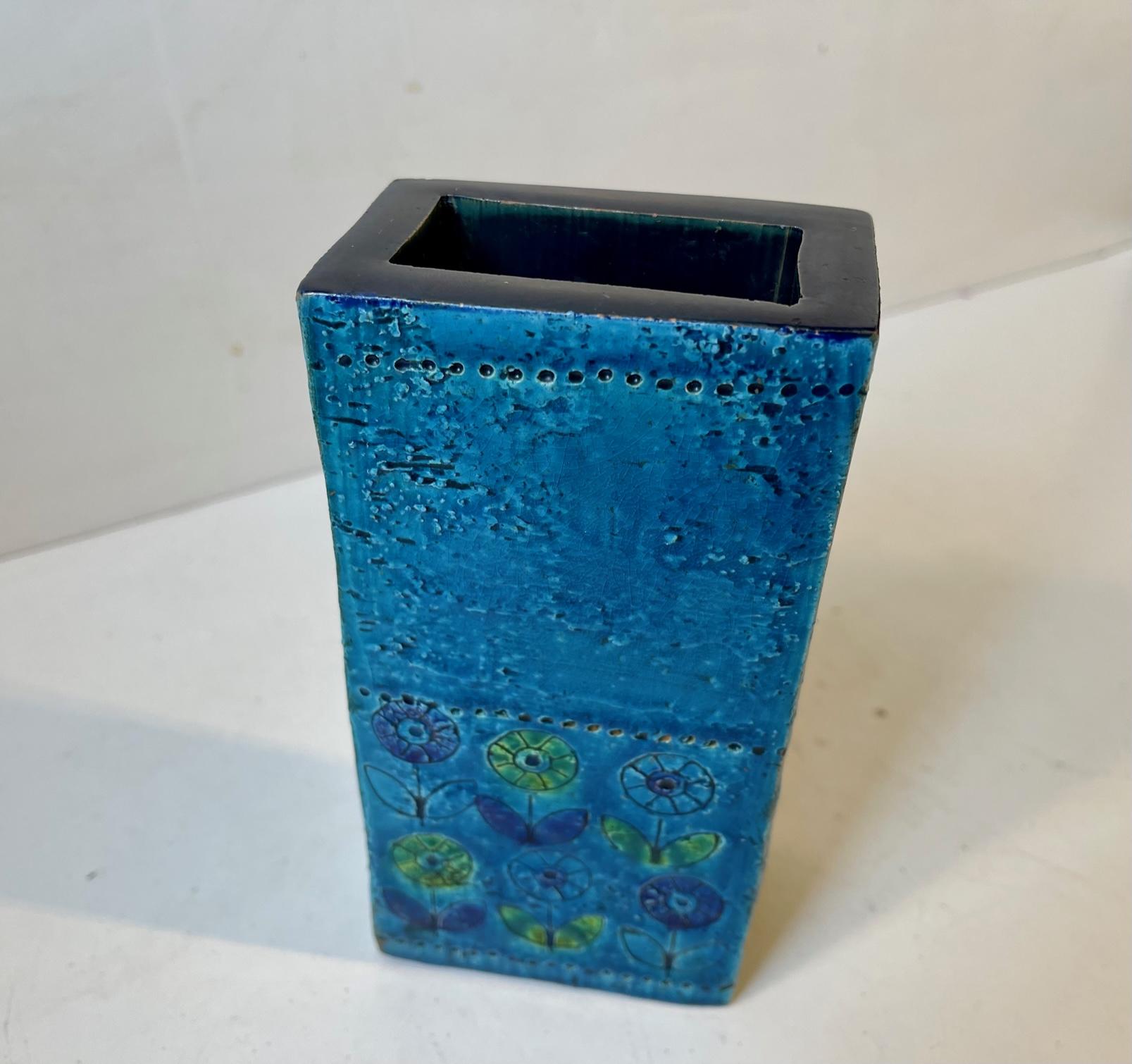 Mid-20th Century Rimini-Blue Italian Stoneware Vase with Sunflowers by Aldo Londi, Bitossi, 60s For Sale