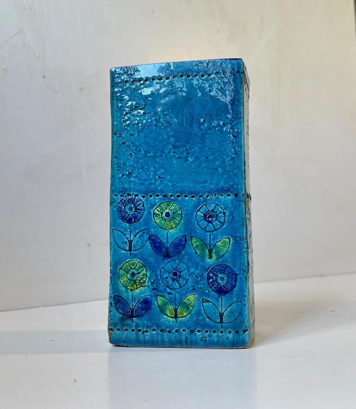 Rimini-Blue Italian Stoneware Vase with Sunflowers by Aldo Londi, Bitossi, 60s For Sale 2