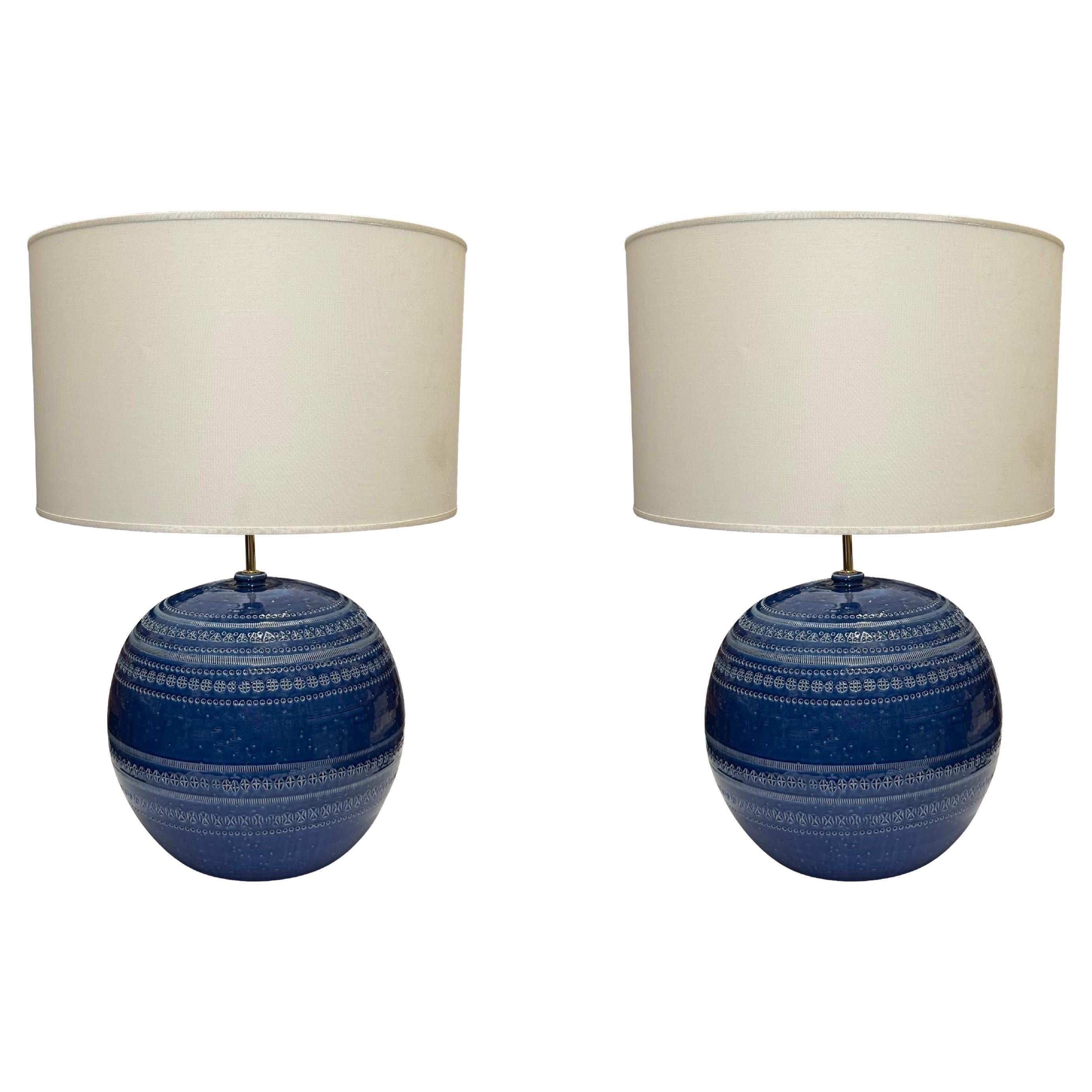 Rimini Blue Pair Bitossi Ceramic Lamps With Shades, Italy, Mid Century For Sale