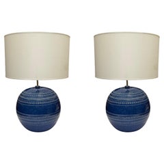 Rimini Blue Pair Bitossi Ceramic Lamps With Shades, Italy, Mid Century