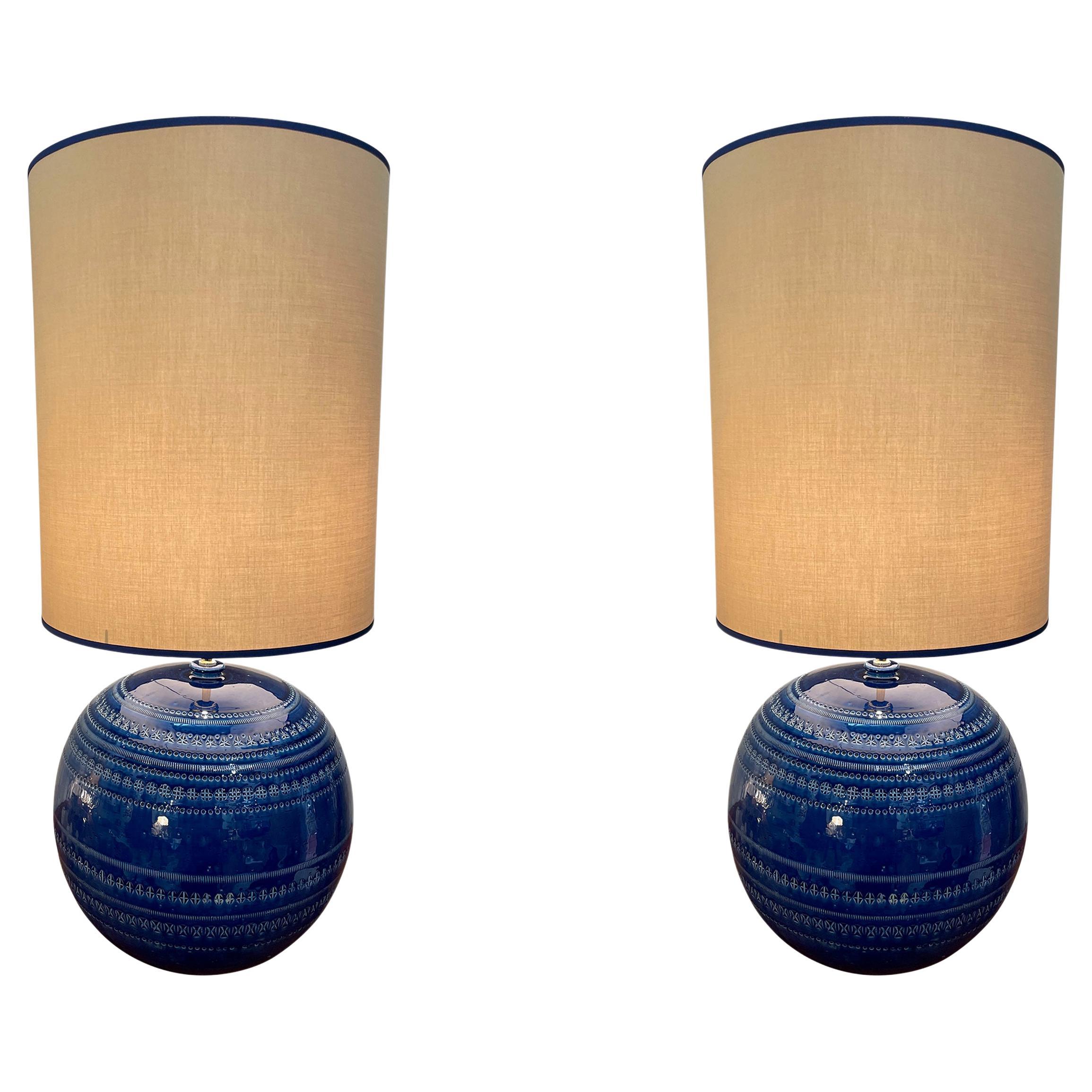 Rimini Blue Pair Bitossi Lamps, France, Mid Century For Sale