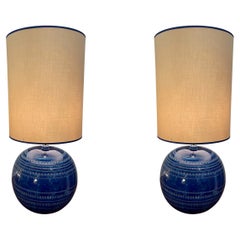 Vintage Rimini Blue Pair Bitossi Lamps, France, Mid Century