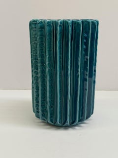 Mid Century French Ribbed Barrel Vase, Rimini Blue, Decorative Accent