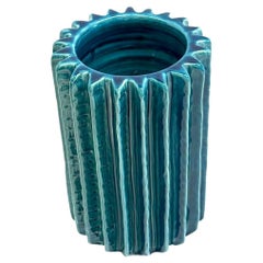 Rimini Blue Vertical Rib Barrel Shape Vase, France, Mid Century