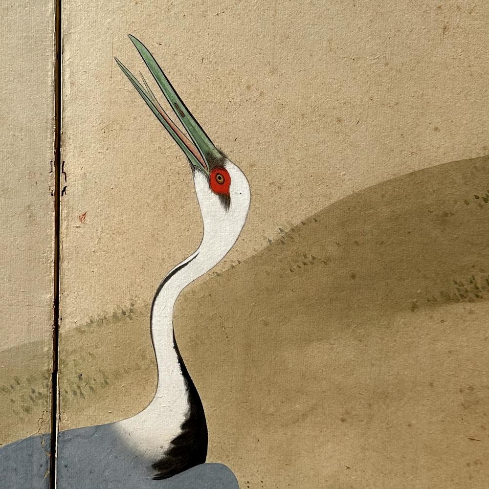 Meiji Edo-Rimpa School crane screen by Yamamoto Koitsu