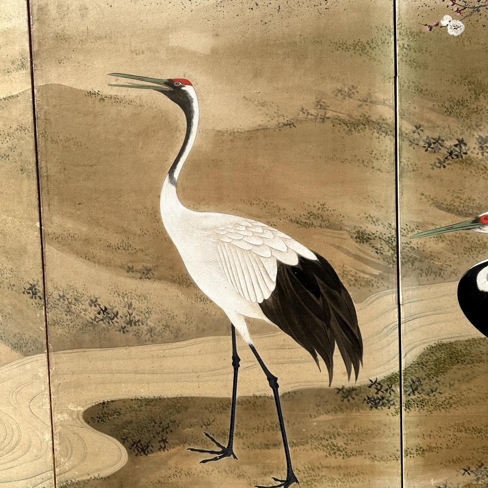 Hand-Painted Edo-Rimpa School crane screen by Yamamoto Koitsu