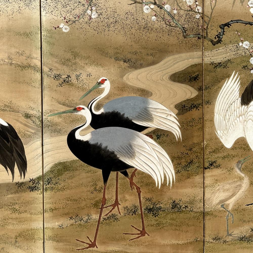 Edo-Rimpa School crane screen by Yamamoto Koitsu In Good Condition In Fukuoka, JP