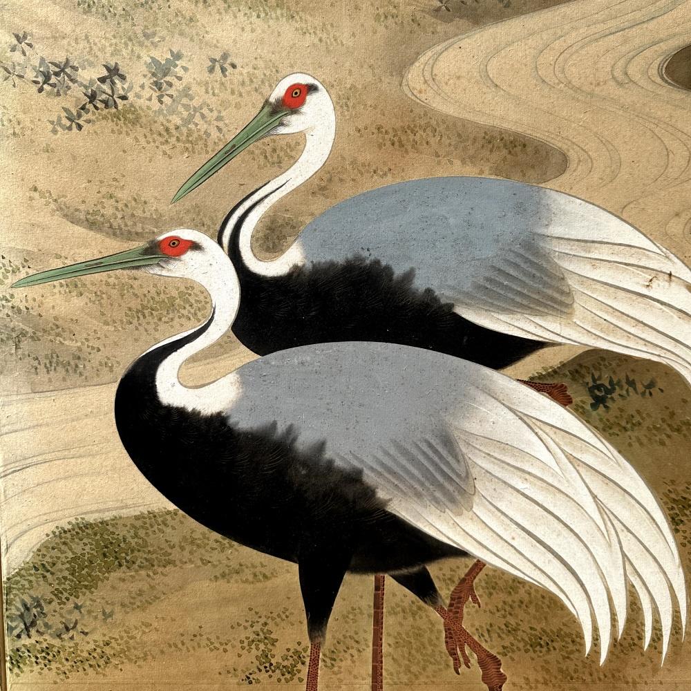 Wood Edo-Rimpa School crane screen by Yamamoto Koitsu