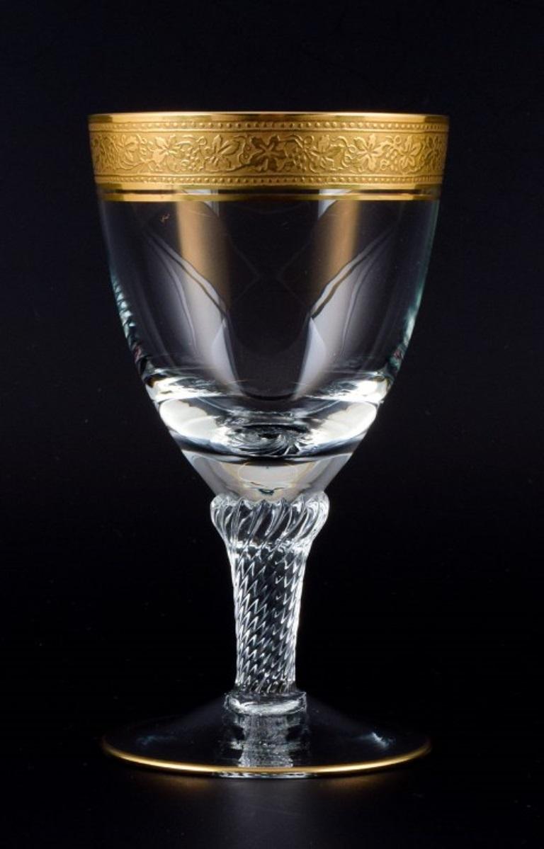Rimpler Kristall, Zwiesel, Germany, six mouth-blown crystal champagne glasses with gold rim decorated with grapes and vine leaves.
1960s.
In perfect condition.
Dimensions: H 10.5 x 10.0 cm.
