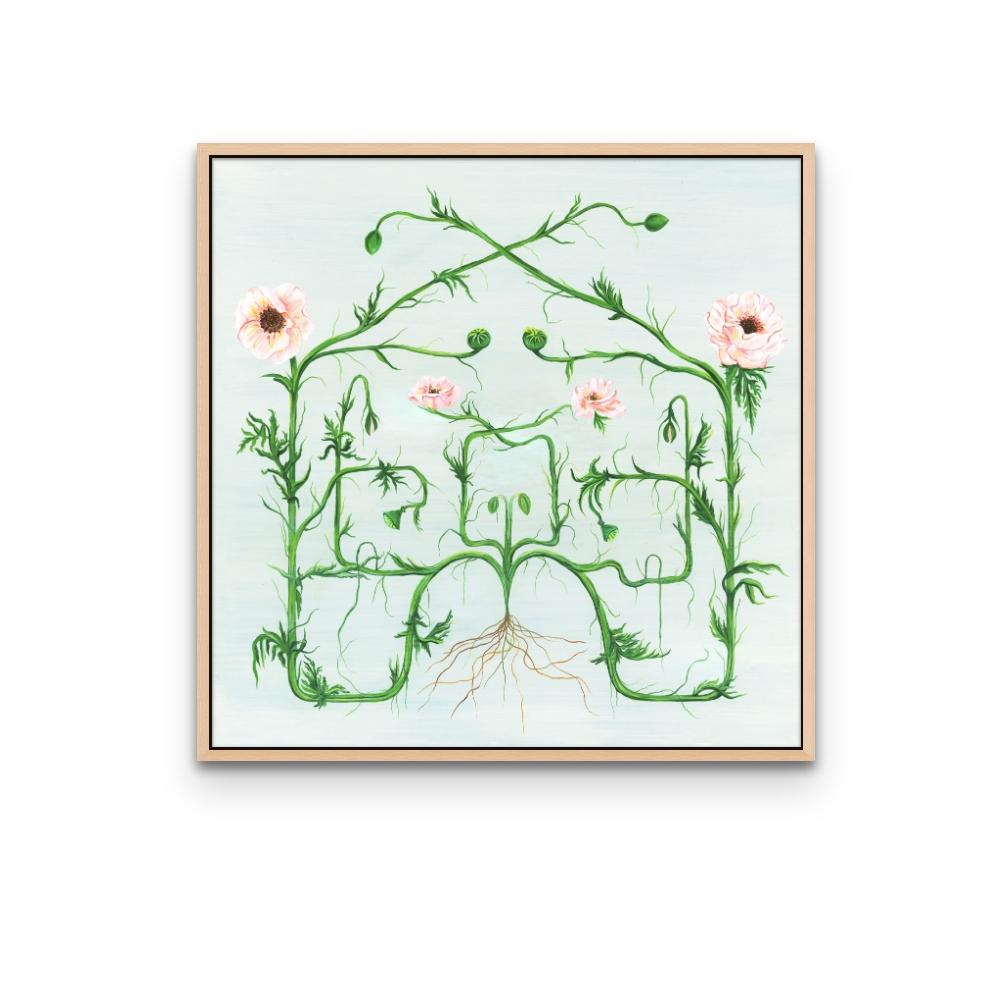 House of Flowers- Symmetrical Square Floral Archival Print Edition on Paper   - Gray Abstract Print by Rin Lack