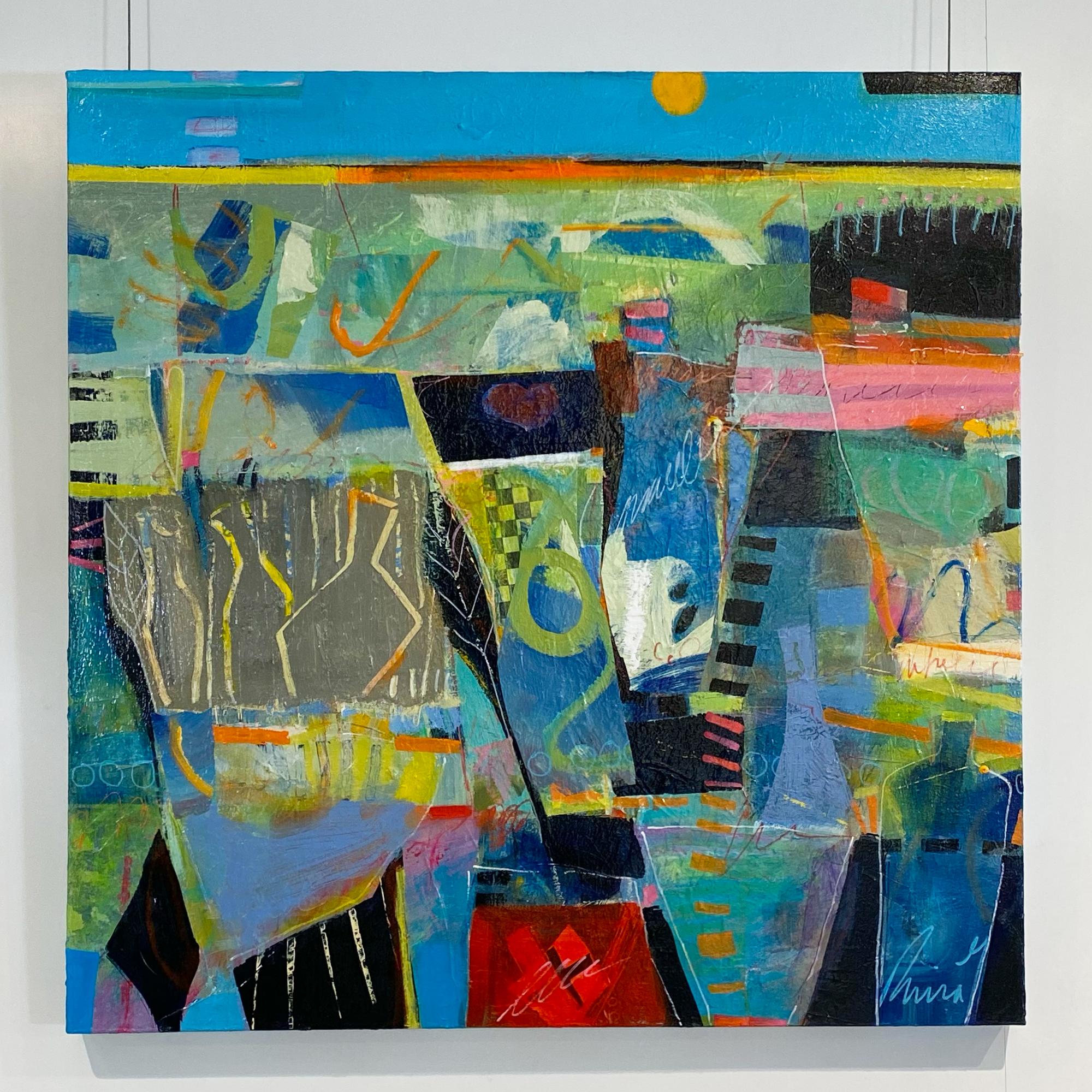 Beneath the Same Blue Sky, colorful mixed media, abstract painting on canvas - Art by Rina Gottesman
