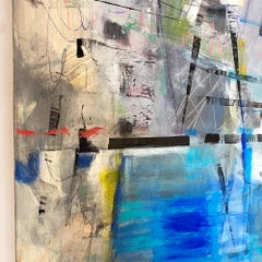Sanctuary 40" x 30", vivid blue grey mixed media painting on canvas