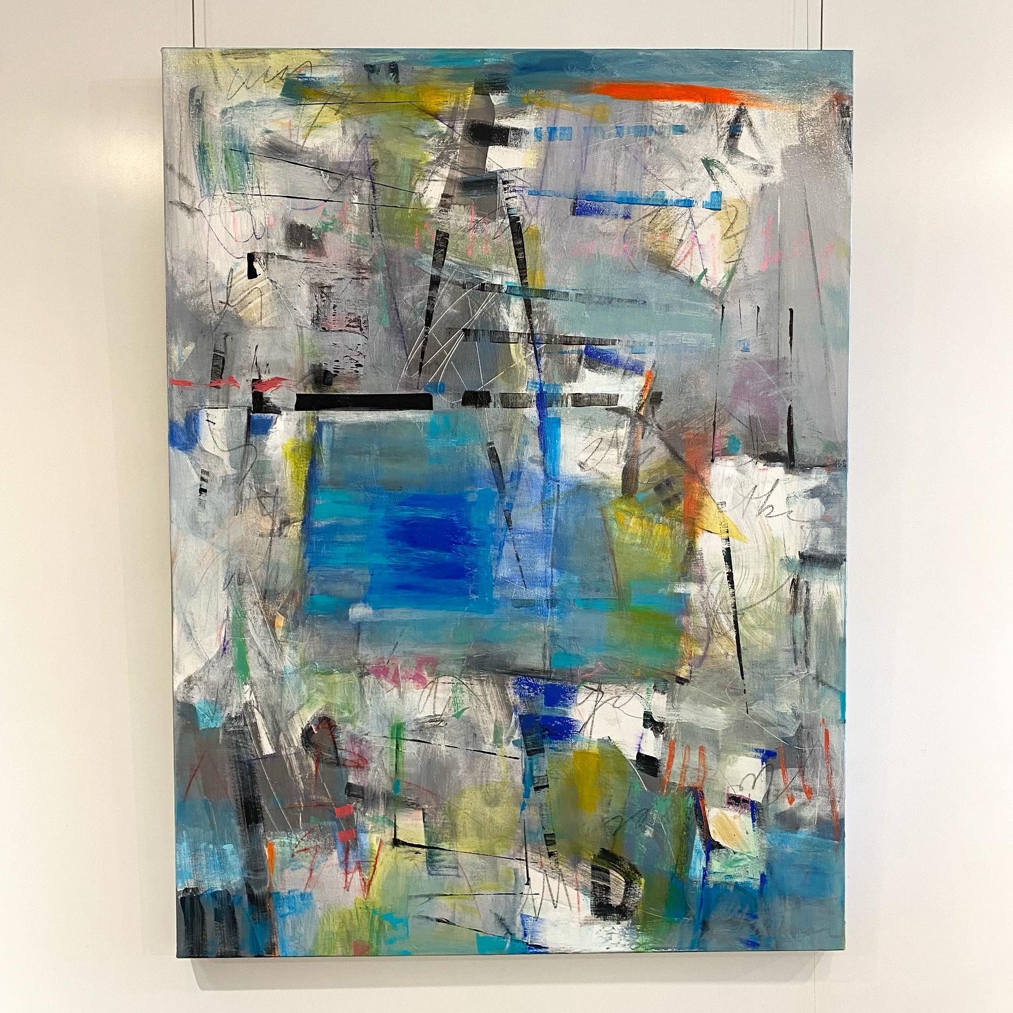 Rina Gottesman Abstract Painting - Sanctuary 40" x 30", vivid blue grey mixed media painting on canvas