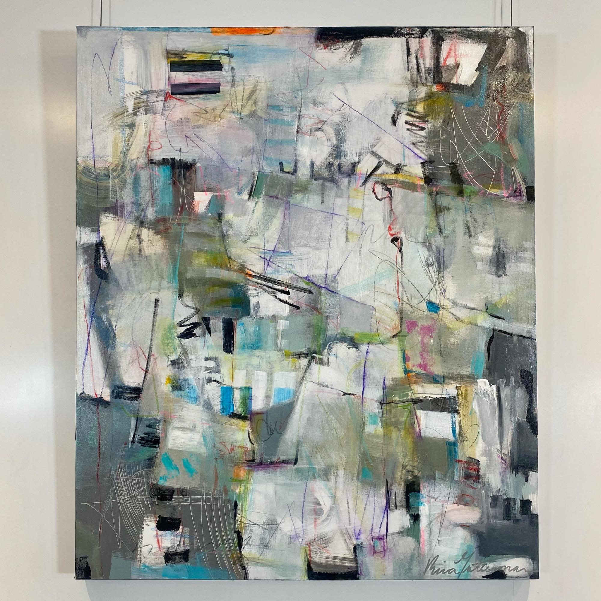 We Are Here 36" x 30", lebhaftes, kühles graues Gemälde in Mischtechnik auf Leinwand – Art von Rina Gottesman