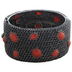 Rina Limor Black Diamond Coral Sterling Silver Bangle Bracelet