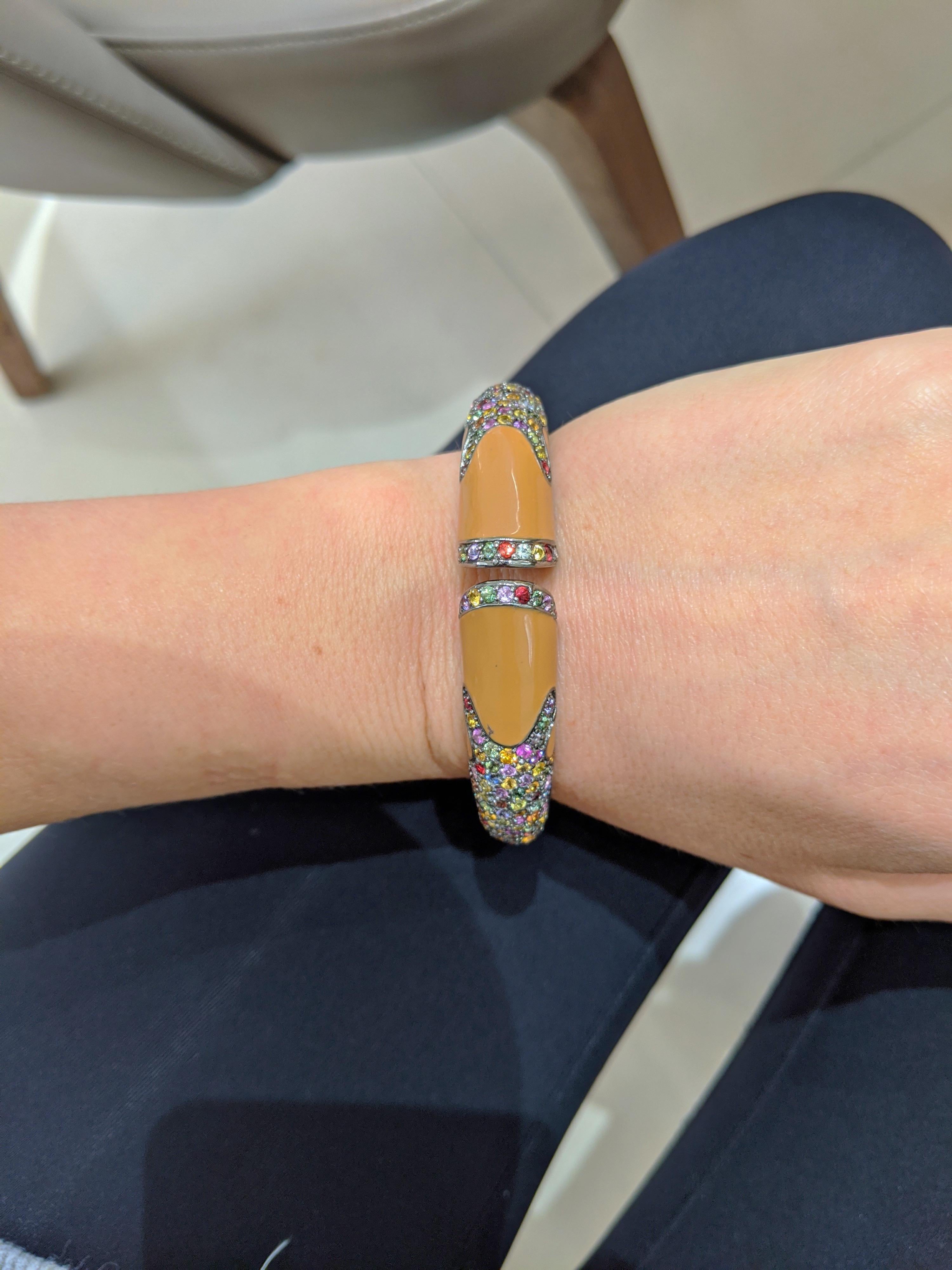 Rina Limor Enamel and Multicolored Sapphires Cuff Bangle Bracelet In New Condition In New York, NY