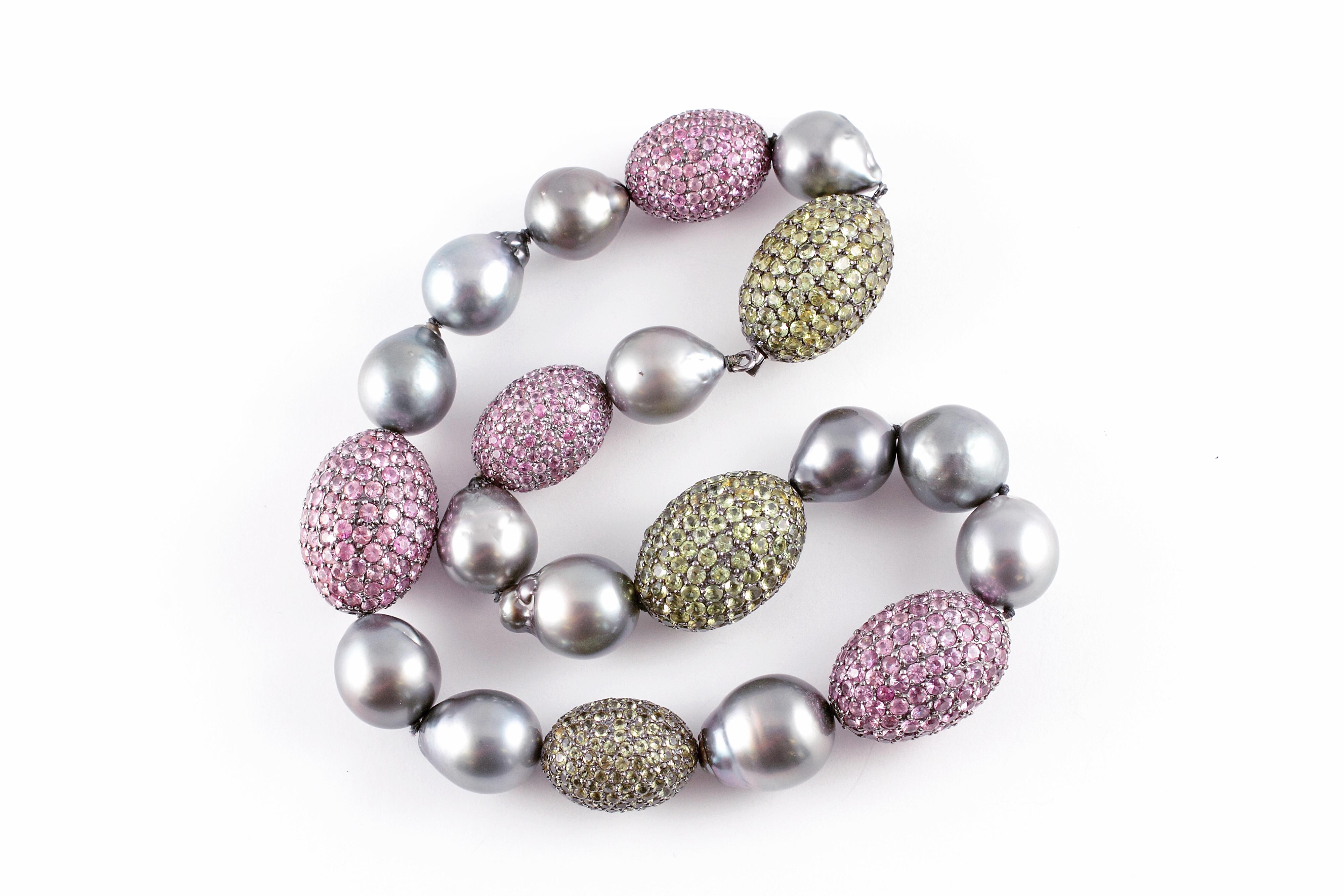 Rina Limor Tahitian Pearl 57.00 Carat Pink Sapphire 47.03 Carat Peridot Necklace 1