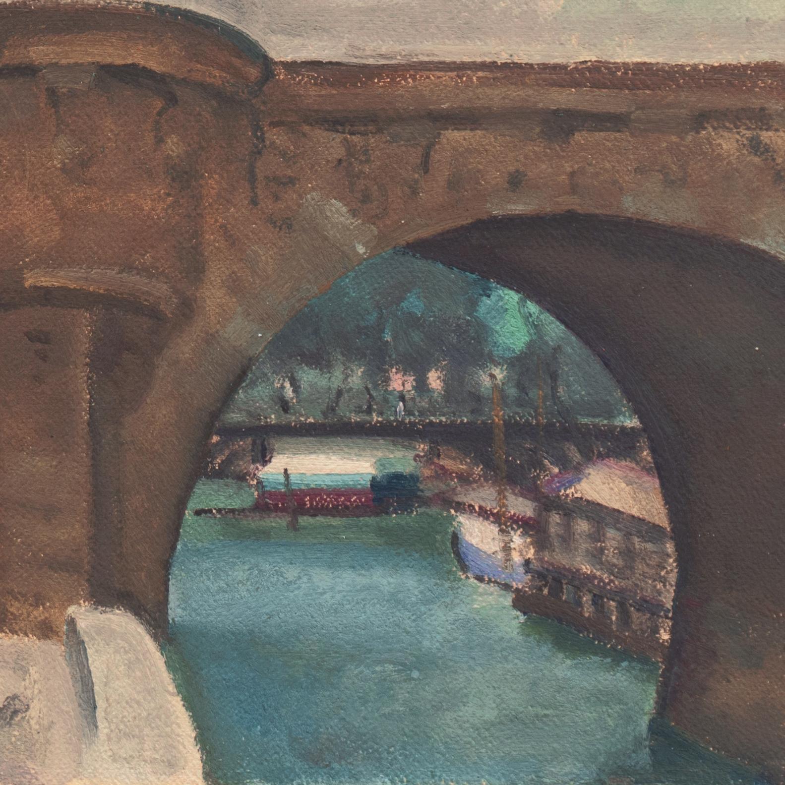 Le Pont Neuf, coucher de soleil, Paris, Académie Colarossi, Oakland, NYMOMA, SFMOMA - Gris Landscape Painting par Rinaldo Cuneo