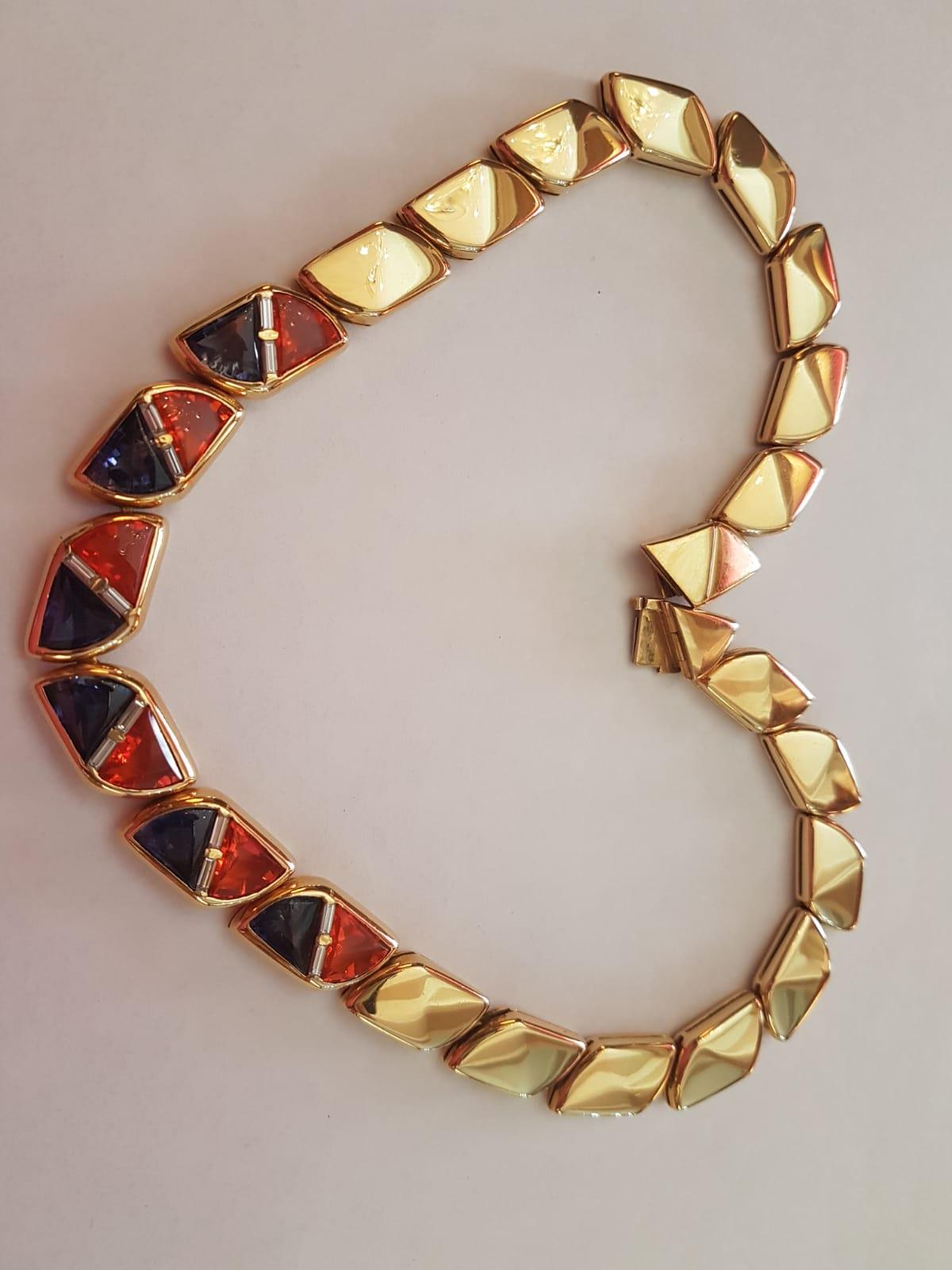 Contemporary Rinaldo Gavello Fire Opal Iolite 18 Karat Yellow Gold Diamond Chocker Necklace For Sale