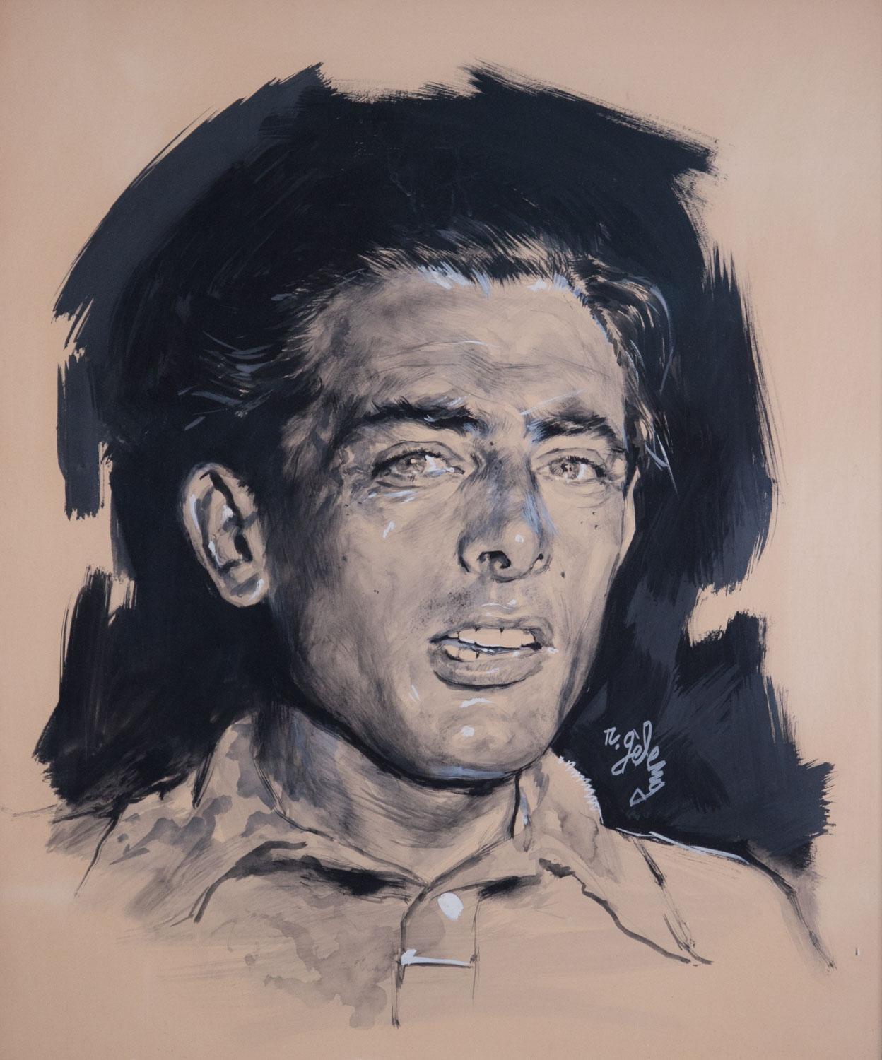 Portrait of the road cycling champion Fausto Coppi (1919–1960) by the artist Rinaldo Geleng, drawn for an article by Gianni Reif two years after the champion’s death. Wood frame and glass.