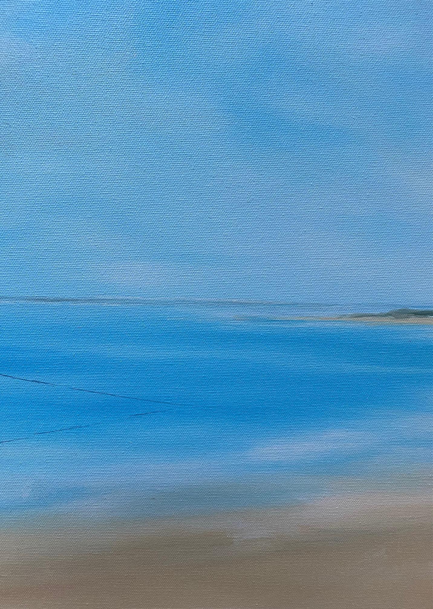 For love of the sand and sea, the tan sand is resplendent with the vast layers of turquoise spreading from the ocean and across the sky.  You encounter a contemporary marine landscape, a linear and clean composition, presented with realist brush