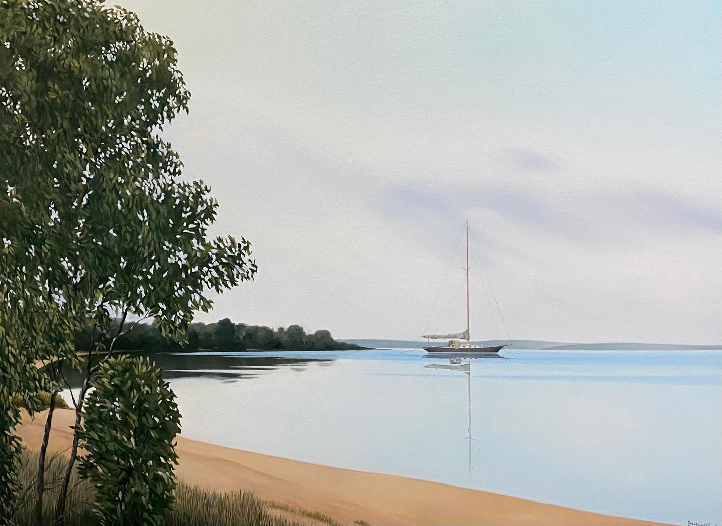 Gentle Breeze, original 36x48 realist marine landscape - Painting by Rinaldo Skalamera