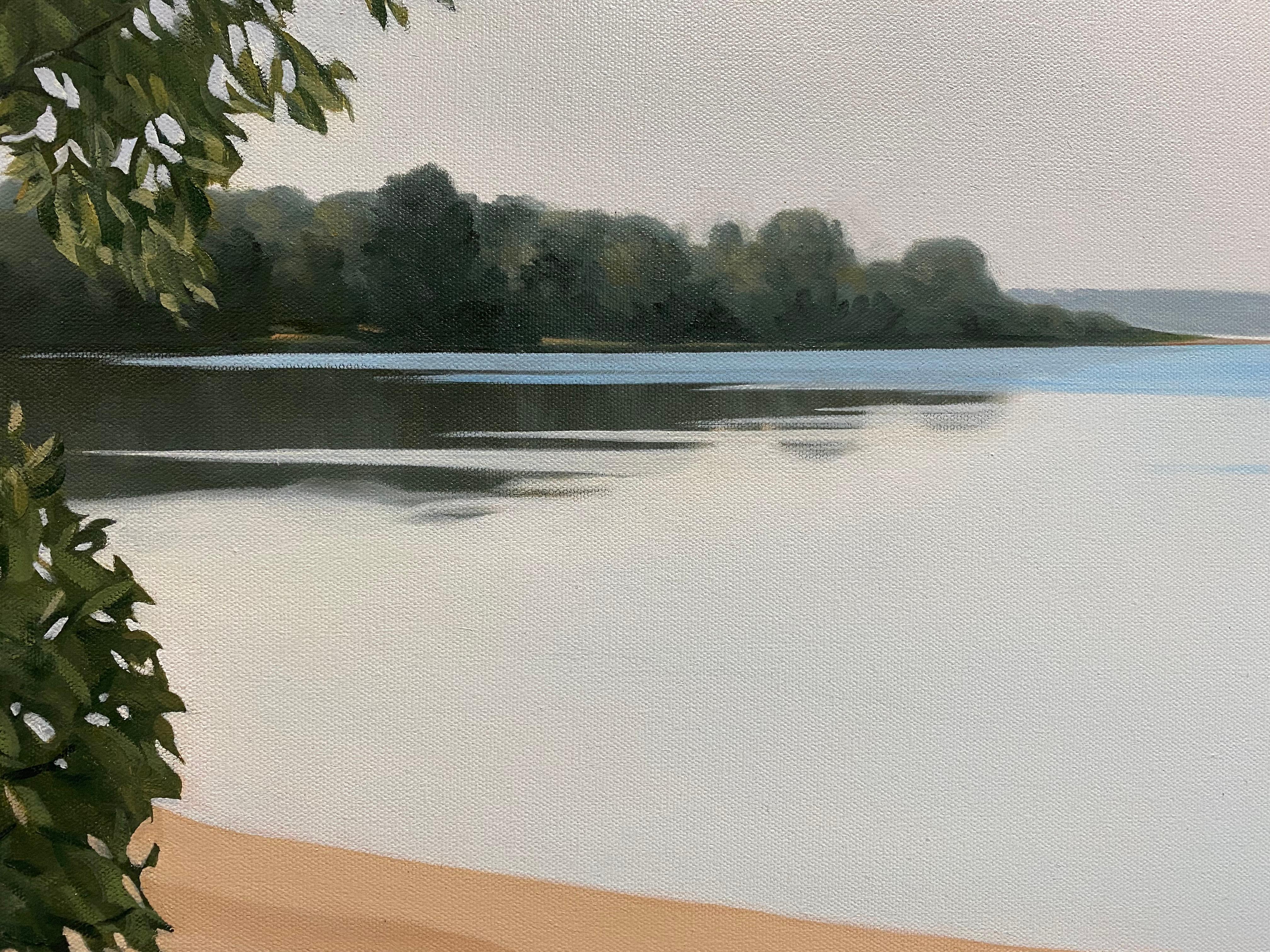 Gentle Breeze, original 36x48 realistische Meereslandschaft (Grau), Landscape Painting, von Rinaldo Skalamera