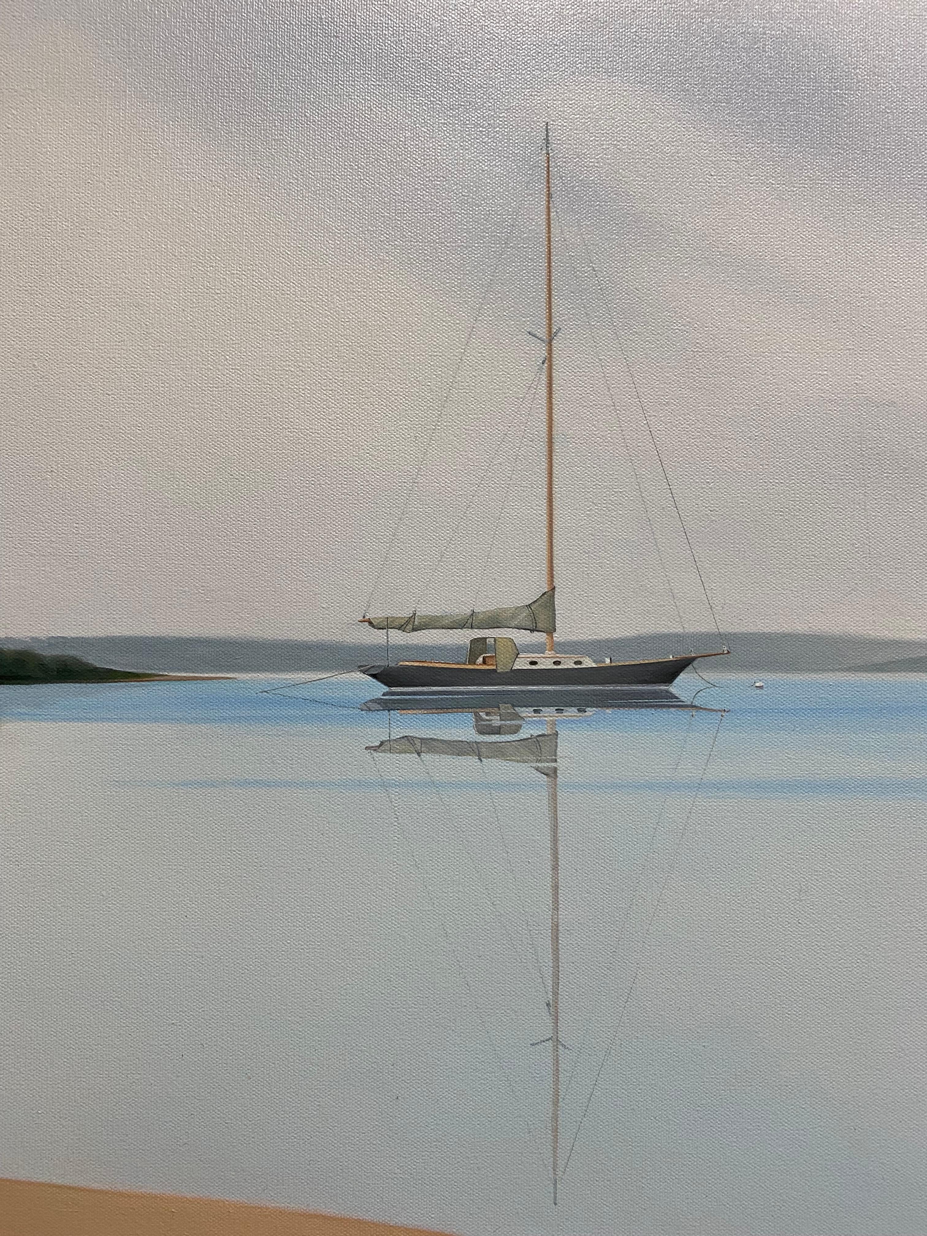 Gentle Breeze, original 36x48 realist marine landscape - Gray Landscape Painting by Rinaldo Skalamera