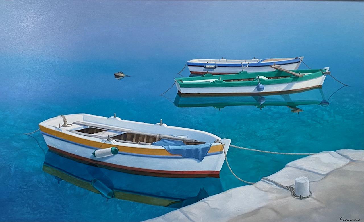 Harbor Reflections, original contemporary photorealist marine landscape - Painting by Rinaldo Skalamera