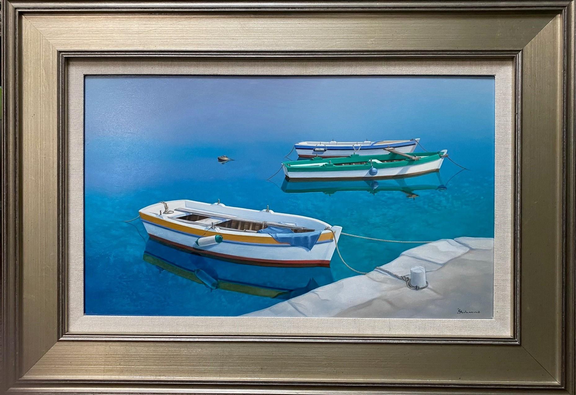 Rinaldo Skalamera Landscape Painting - Harbor Reflections, original contemporary photorealist marine landscape