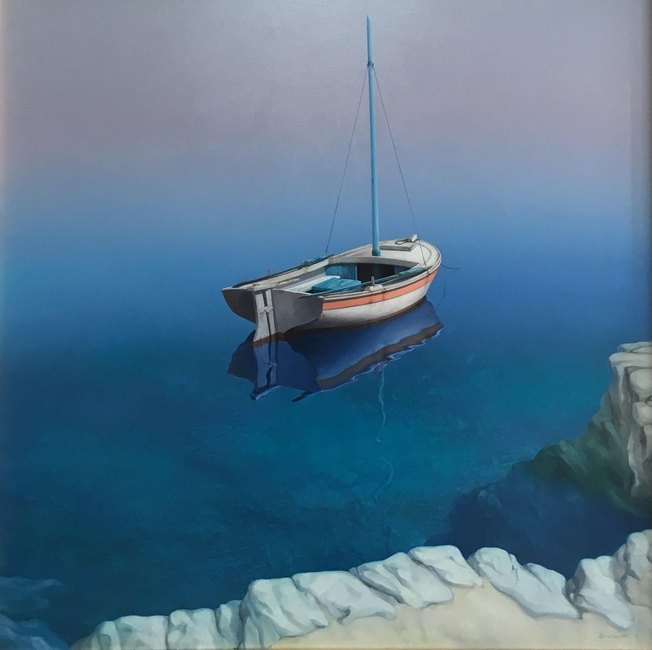 Marine Reef, original 30x30 contemporary realist marine landscape - Painting by Rinaldo Skalamera