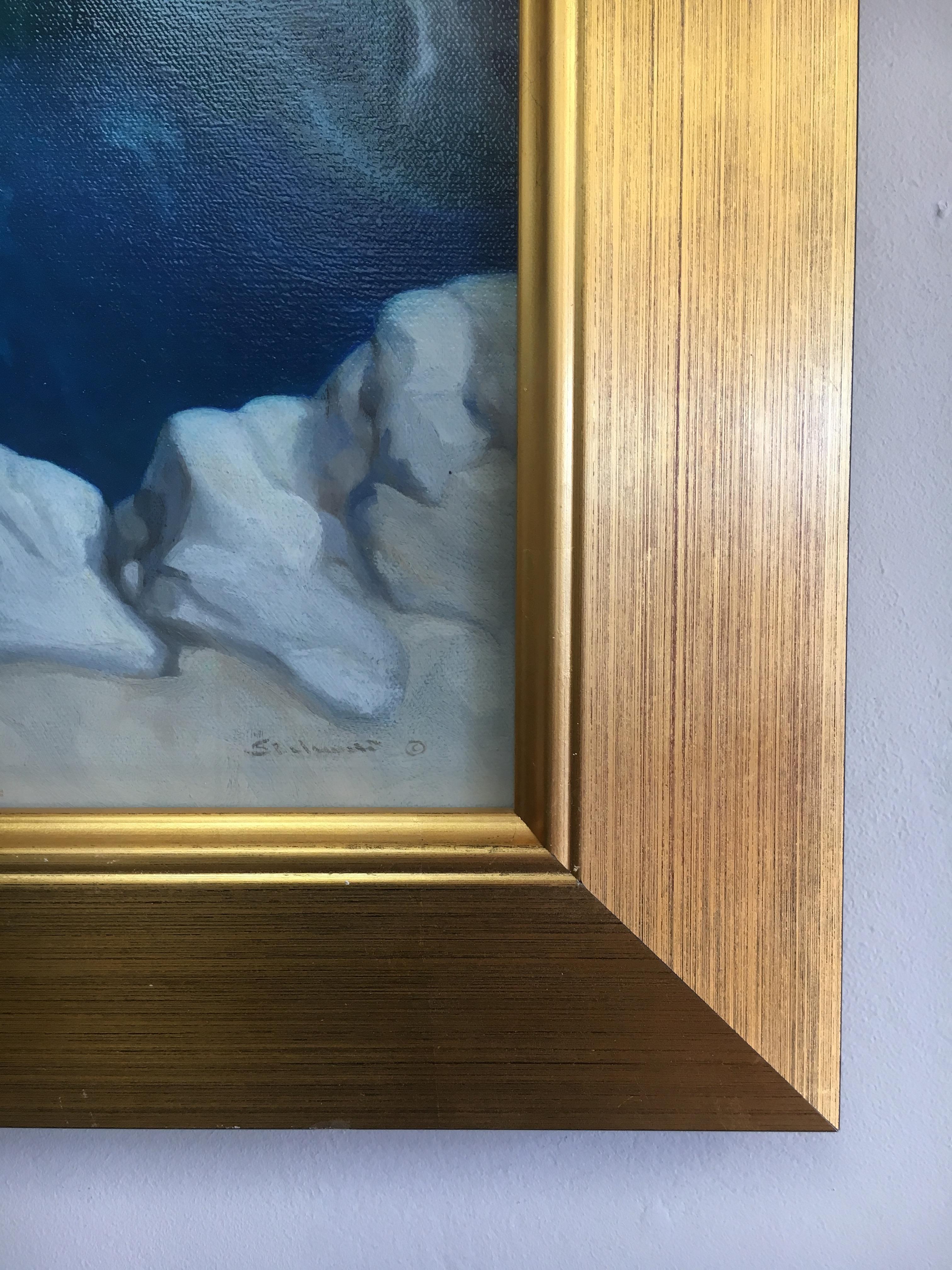 Perched upon regally blue, crystal clear ocean waters, the depths of the reef below beckons to be explored and admired. The incredible skills of Croatian American artist Rinaldo Skalamera bring intrigue and wonder to his realist contemporary