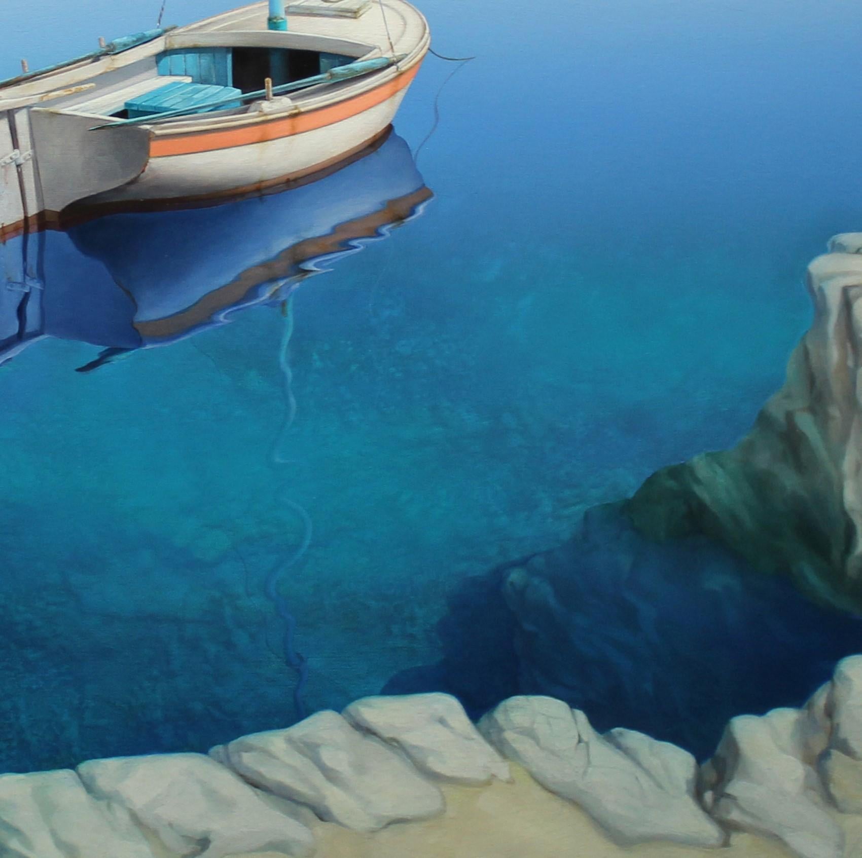 Marine Reef, original 30x30 zeitgenössische realistische Meereslandschaft (Schwarz), Landscape Painting, von Rinaldo Skalamera