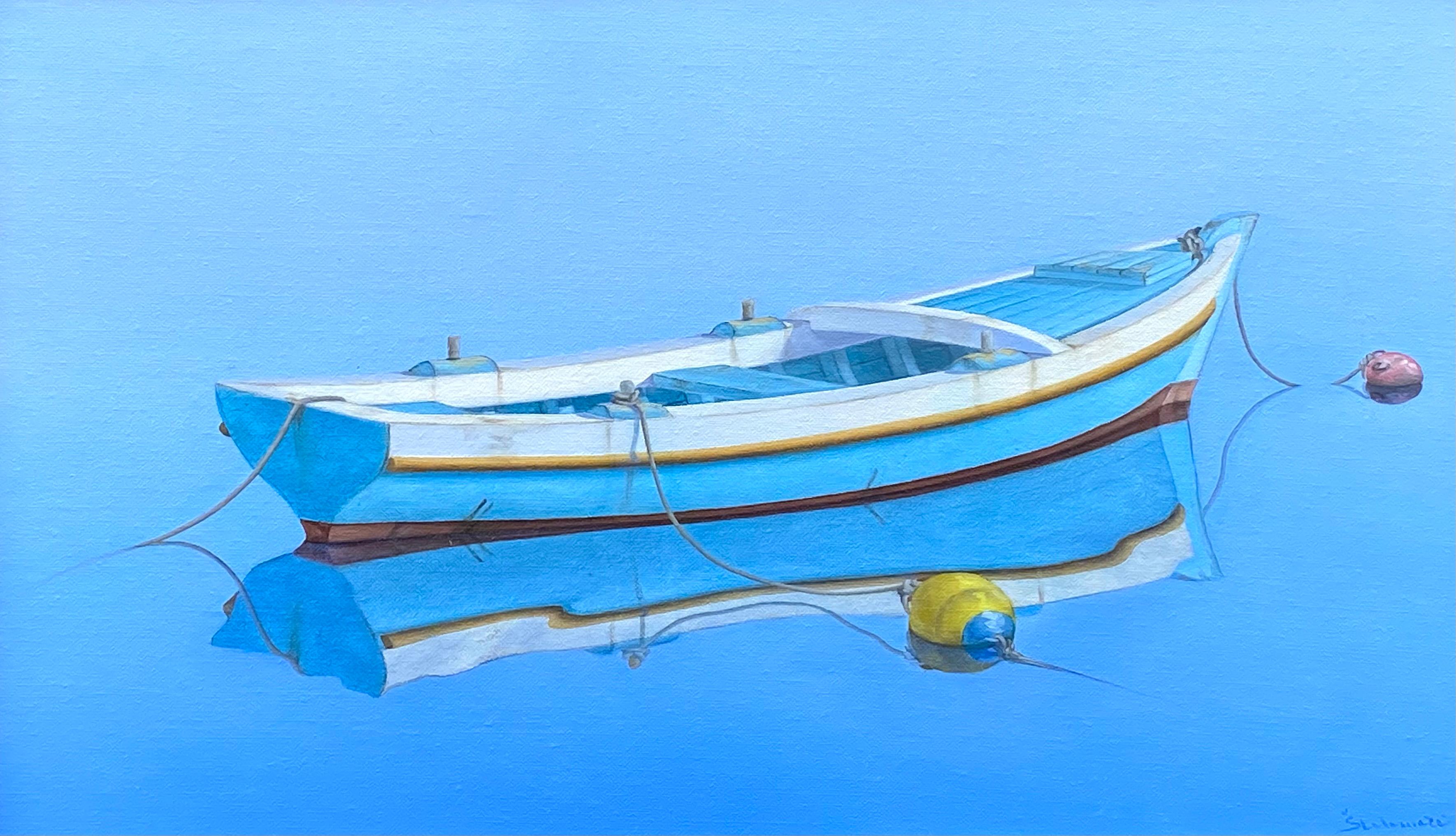 Dipinto originale ad olio su tavola di Marin del famoso pittore realista Rinaldo Skalamera.  Le condizioni sono eccellenti. Firmato in basso a destra. Eseguito nel 2024. Incorniciato in una cornice contemporanea a foglia d'oro con tappetino in lino