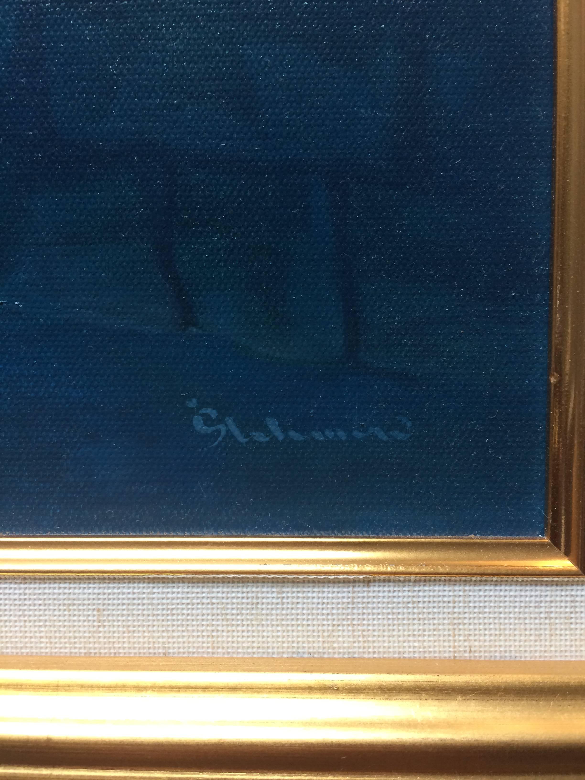He aquí una obra reciente del conocido pintor marino realista estadounidense Rinaldo Skalamera.  Firmado abajo a la derecha. Enmarcada en un marco de galería contemporáneo de pan de oro con forro de lino blanco. Tamaño total enmarcado 32 por 38
