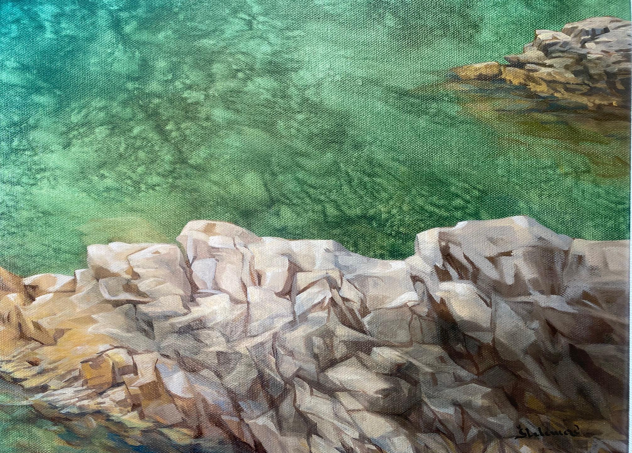 Virdescent, original 30x40 contemporary impressionist marine landscape For Sale 4