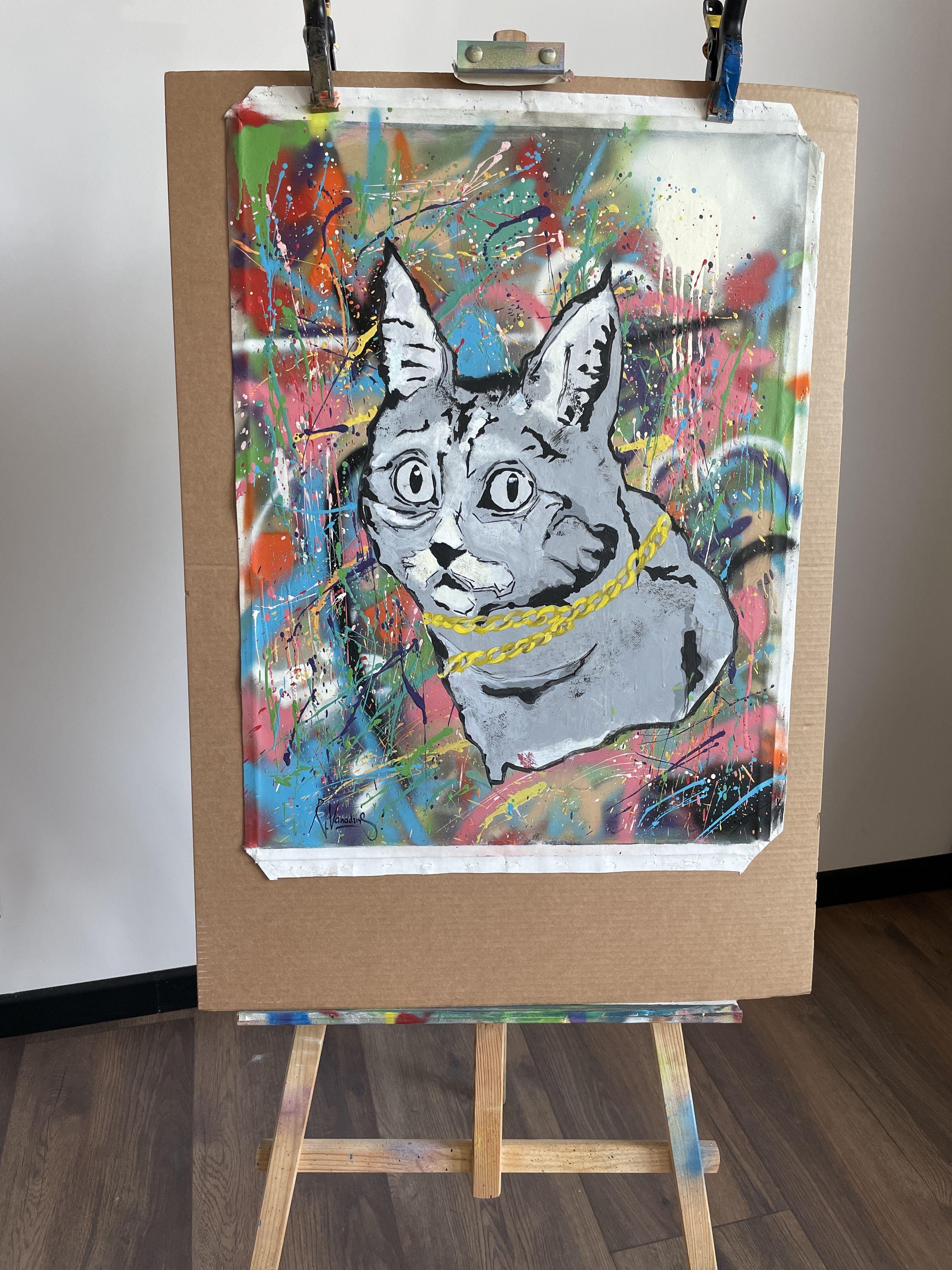 Gato, Técnica mixta sobre lienzo - Mixed Media Art Arte pop de Rinalds Vanadzins
